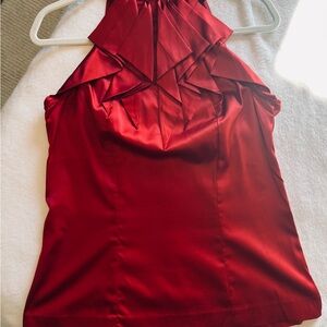 The limited size medium red ruffle front blouse with keyhole, tie back neck